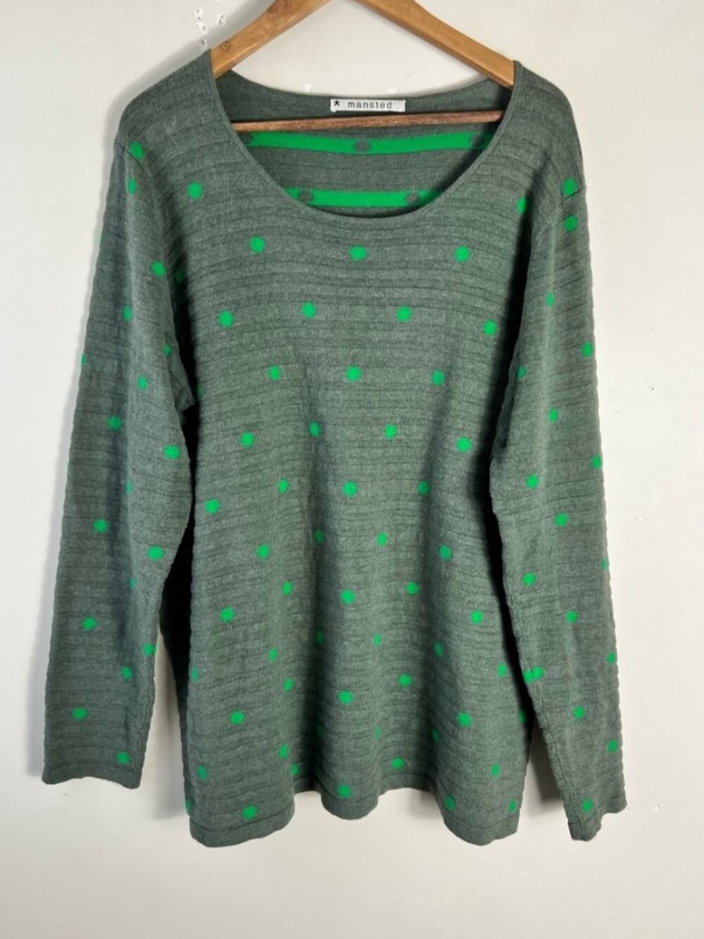 Mansted Women’s Long Sleeve Green Polka Dot Knit Sweater Size XL 100% Cotton